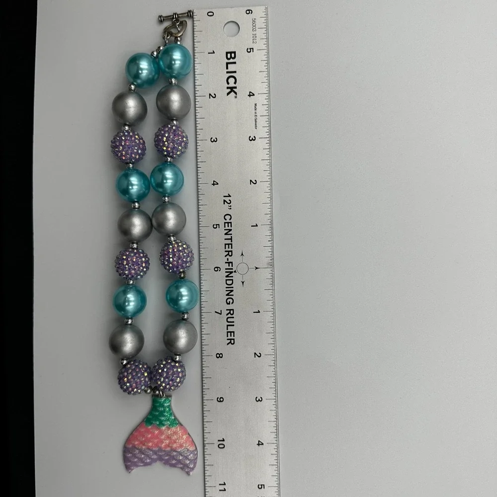 Vintage Chunky Bubblegum Bead Mermaid Tail Necklace Aqua Purple Kid Jewelry Gift